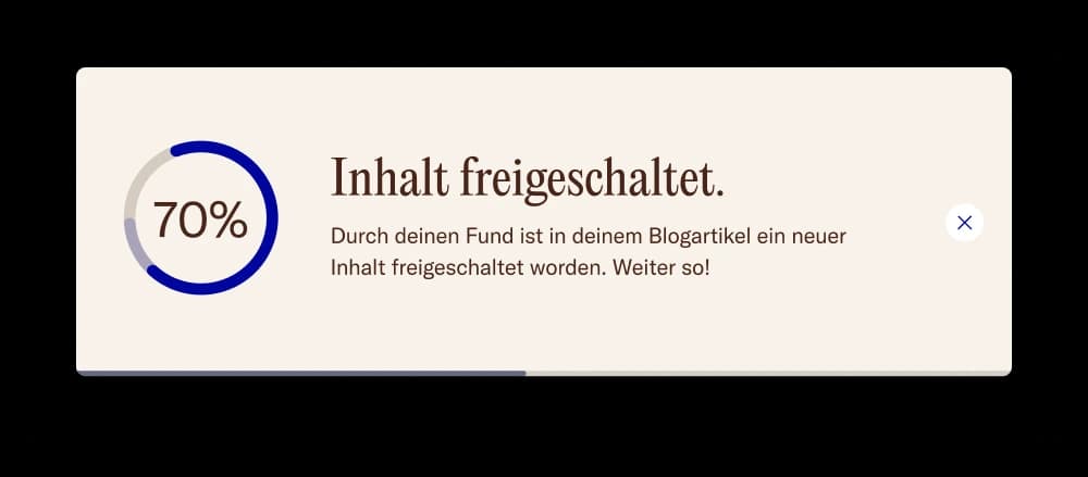&why: Notification with circular progress bar showing 70% and message confirming new content unlocked