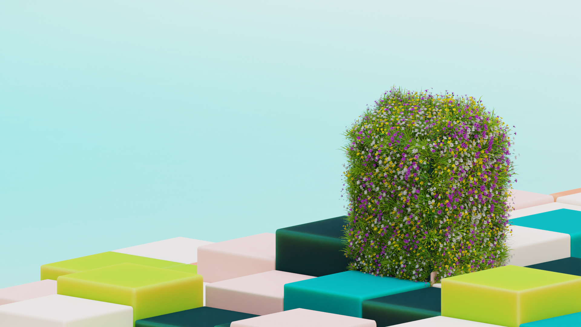 &why: abstract 3D scene with colorful cubes and house that is grown over with grass