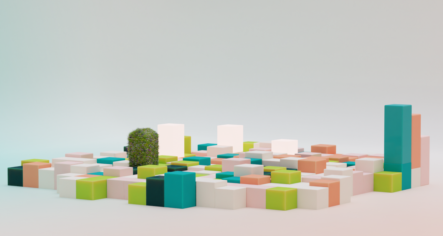 &why: abstract 3d landscape with cubes in green and rose tones