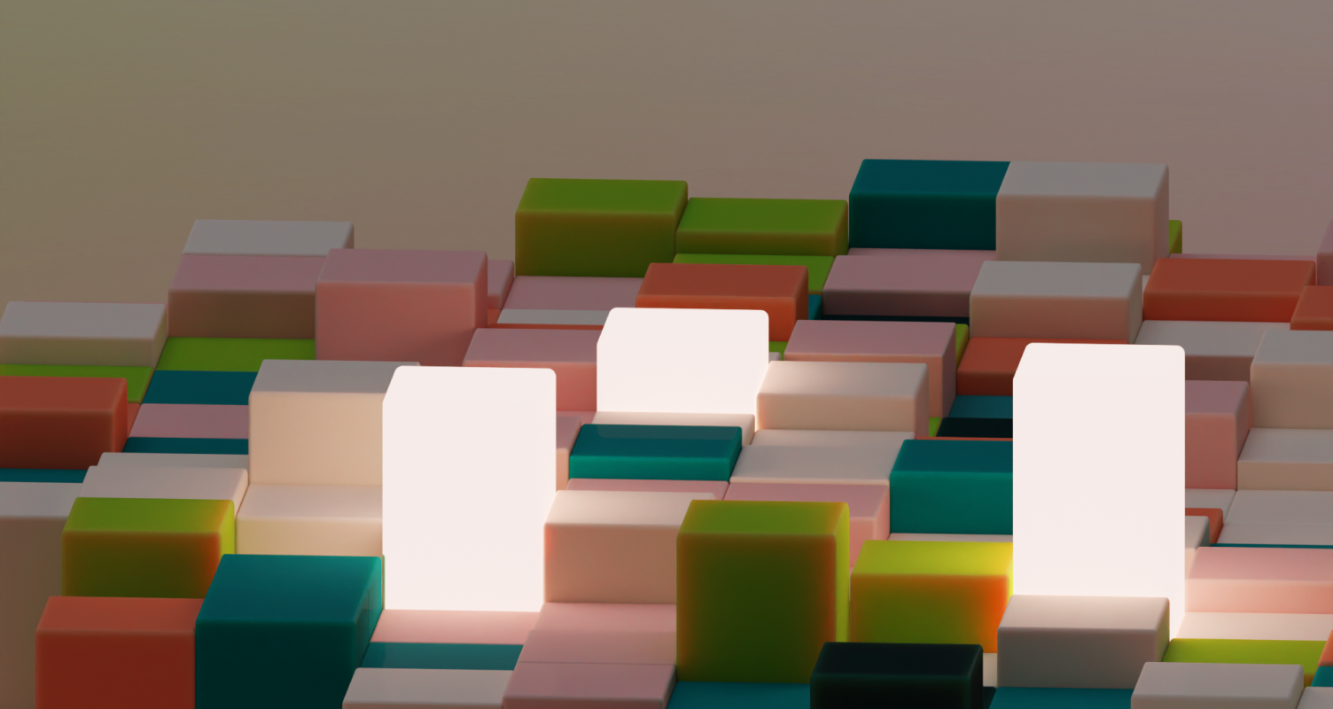 &why: abstract 3d landscape with cubes in green and rose tones at night