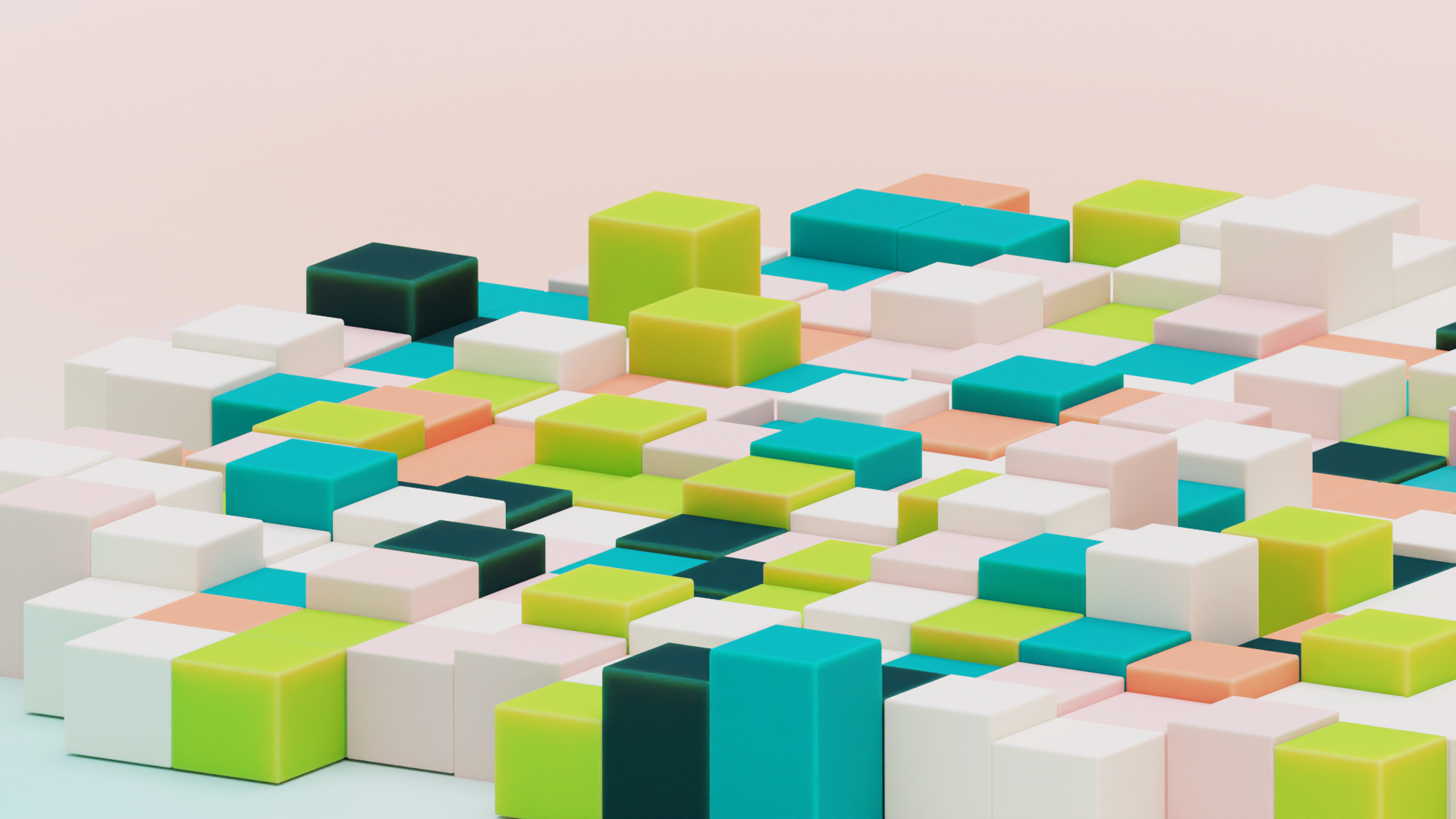 &why: abstract 3d landscape with cubes in green and rose tones