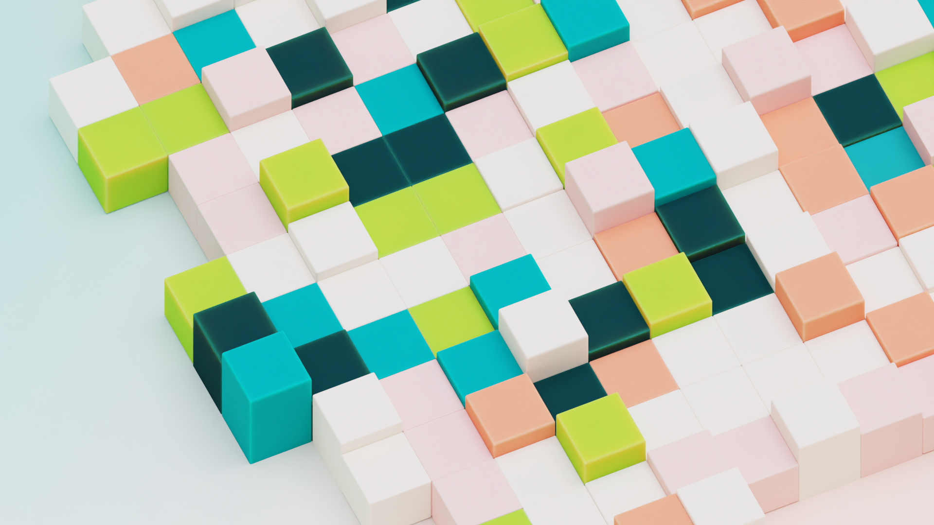 &why: 3d scene with cubes in green and rose tones