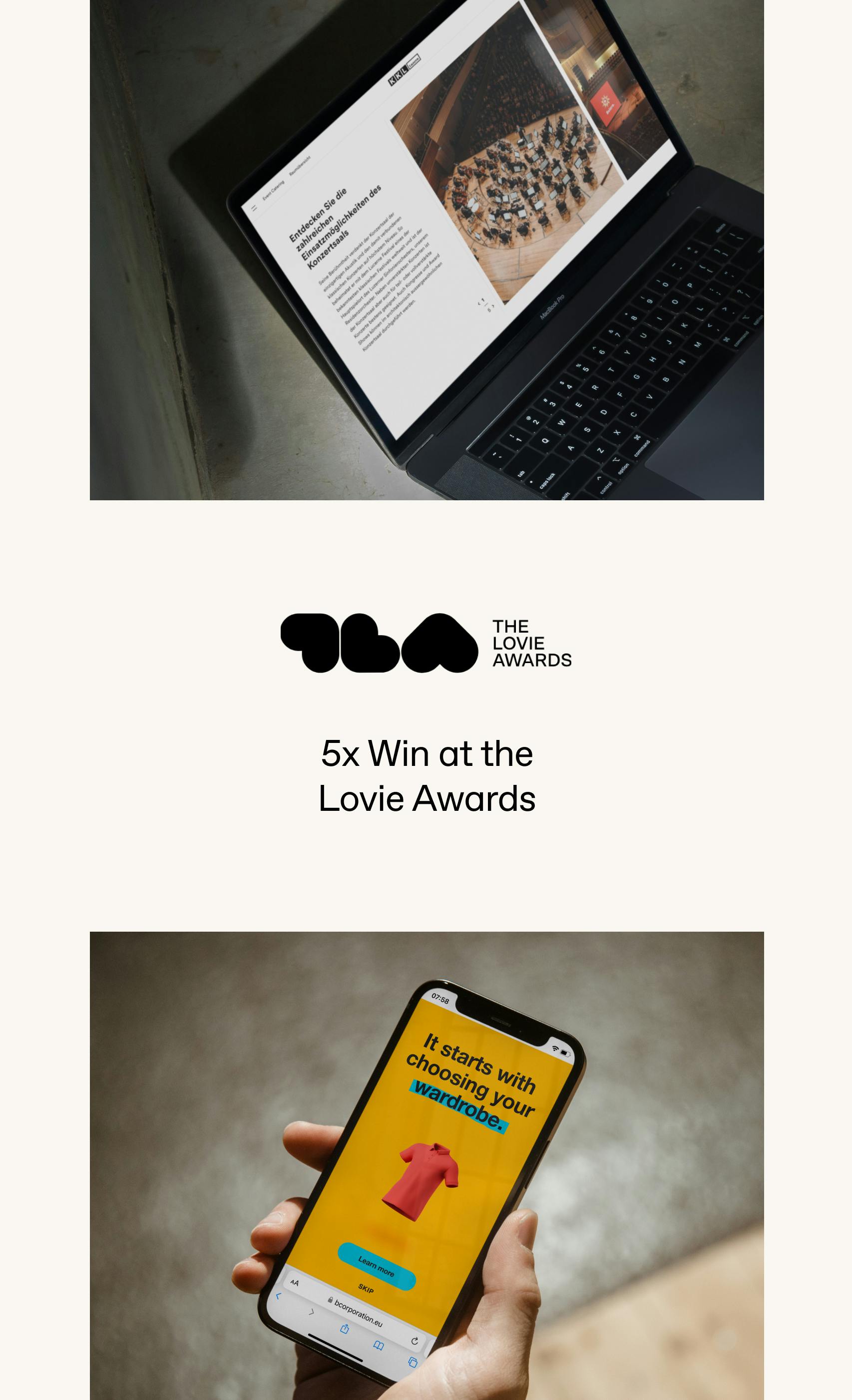 Image collage with a laptop showing a part of the KKL B2B page, the loves awards logo in the middle & a smartphone showing a tutorialscreen from the B-Lab Choose better experience