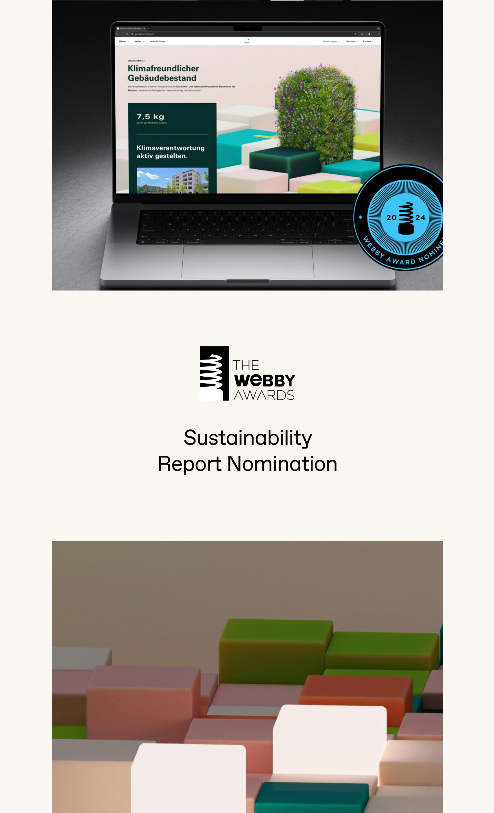 A collage with a laptop showing the first scroll of the GWH sustainability page, the Webby Awards Logo in the center and a still from the rendered background video