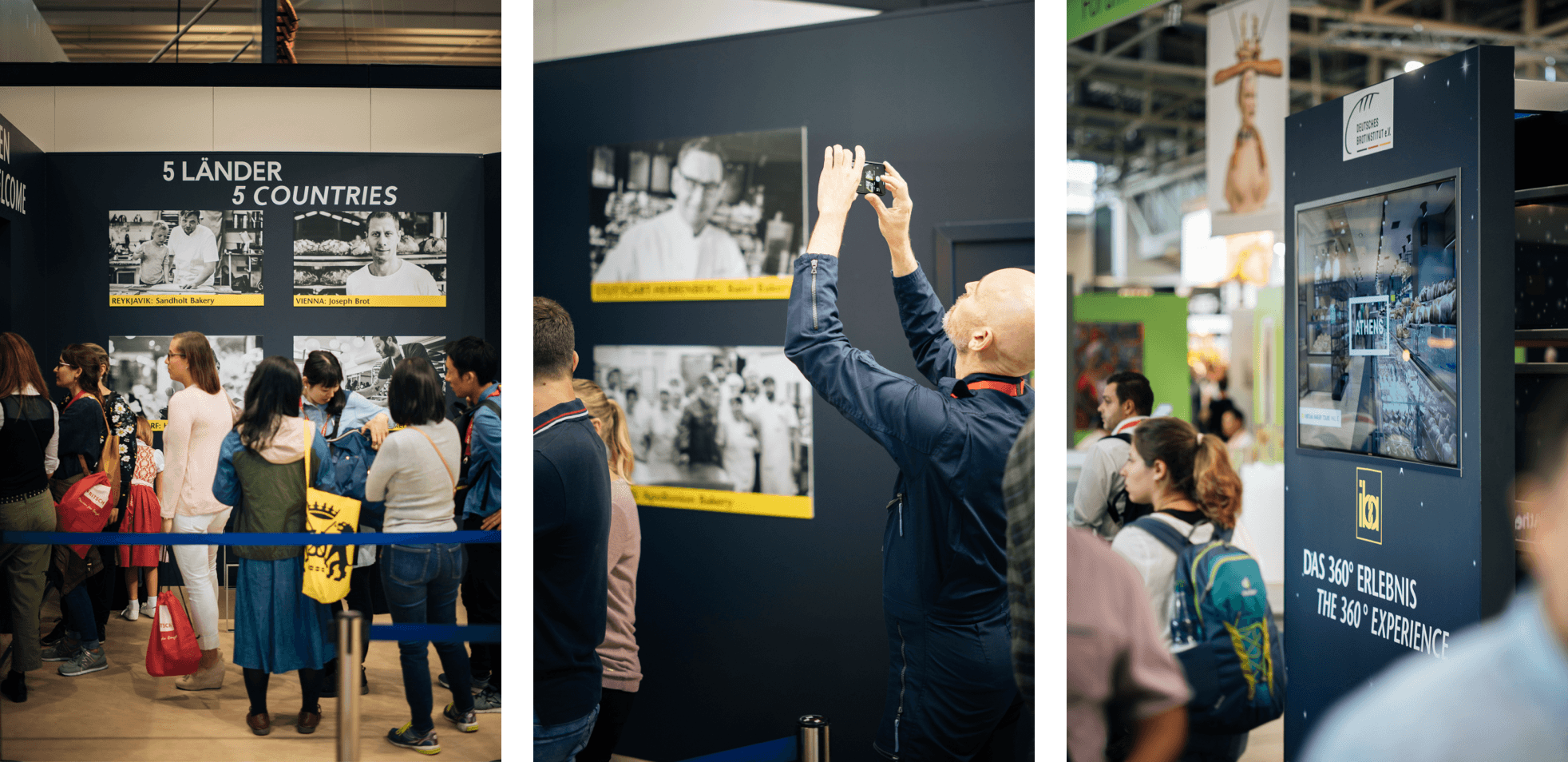 Group of visitors in front of wall with photos and the text “5 Countries – 5 Länder”, next to an interactive screen labeled “The 360° Experience”