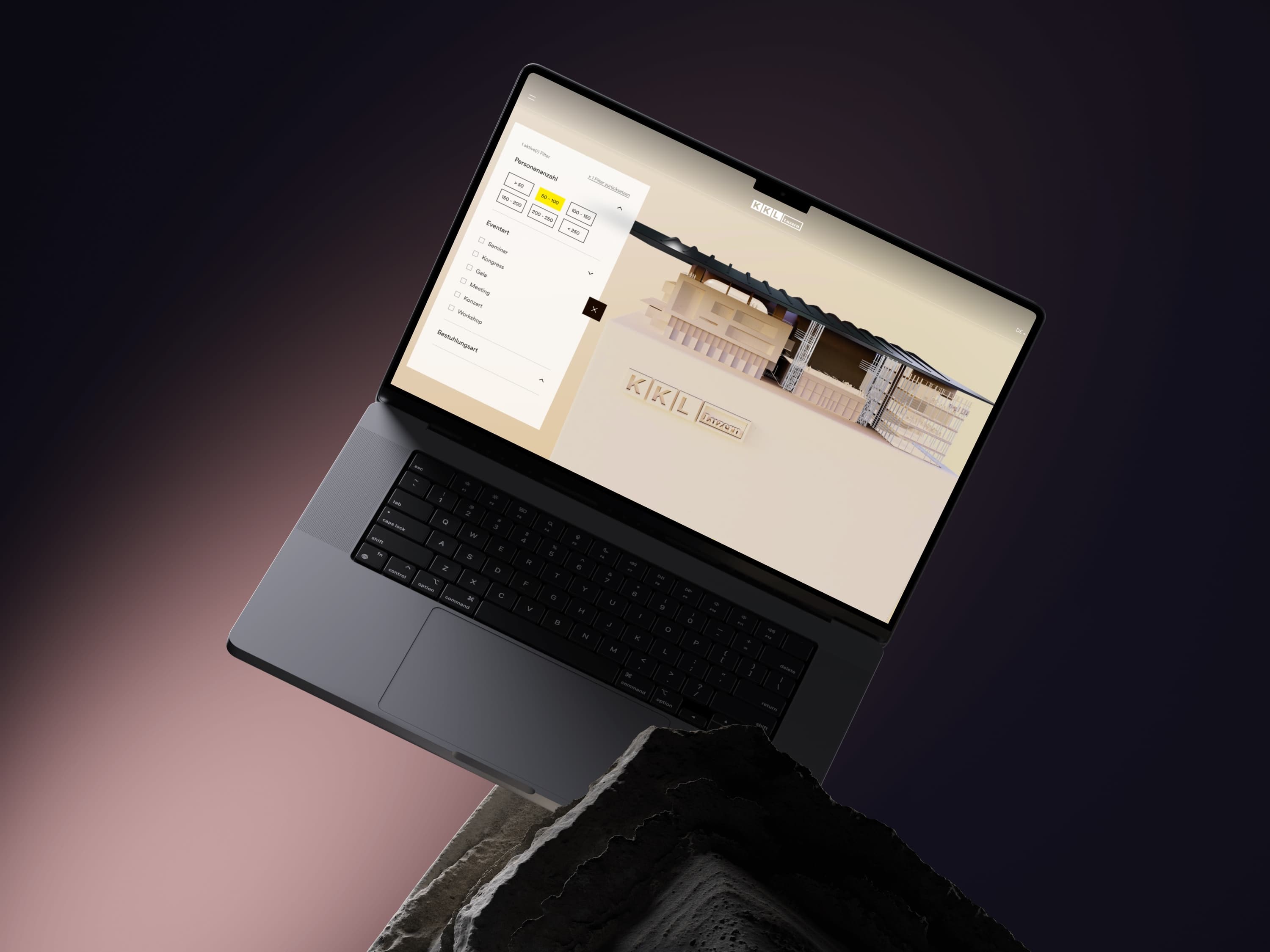 &why: KKL abstraktes 3D-Rendering des Konzerthauses auf einem Macbook geöffnet