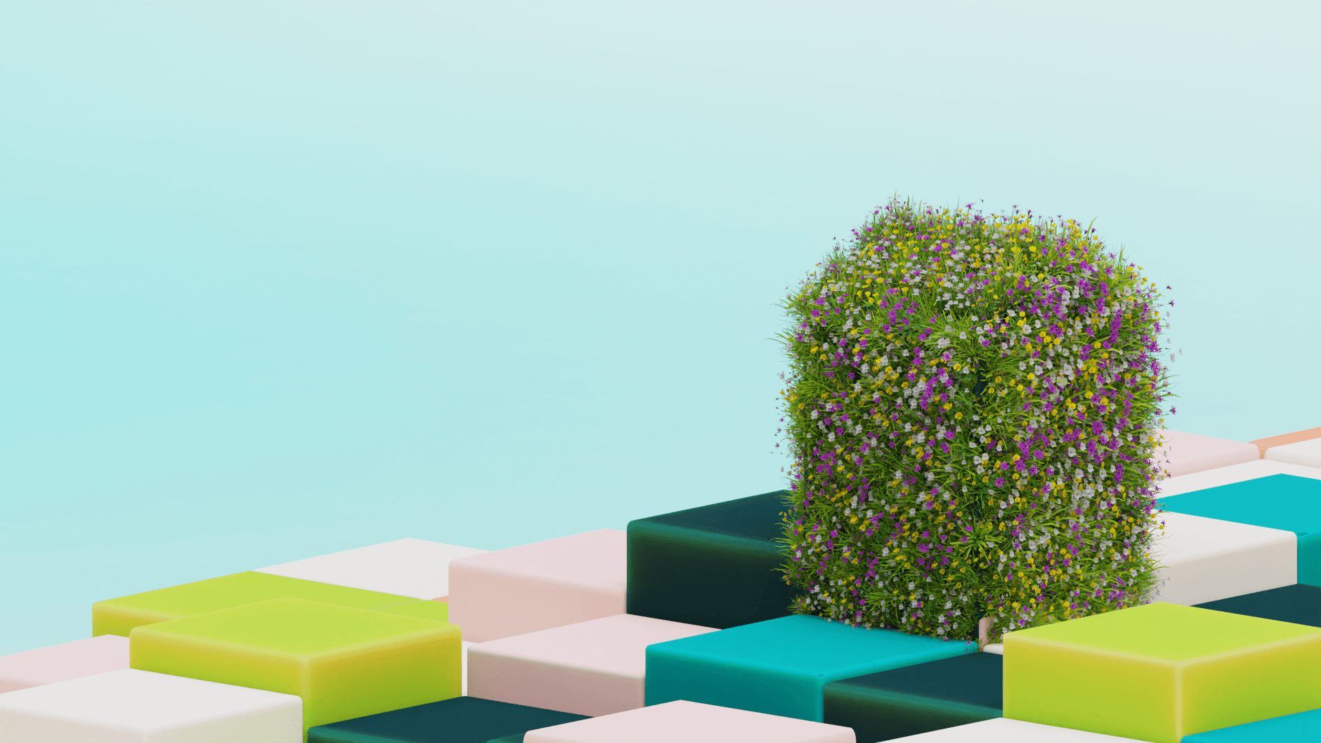 &why: GWH - Abstract 3D scene with colorful cubes and house that is grown over with grass