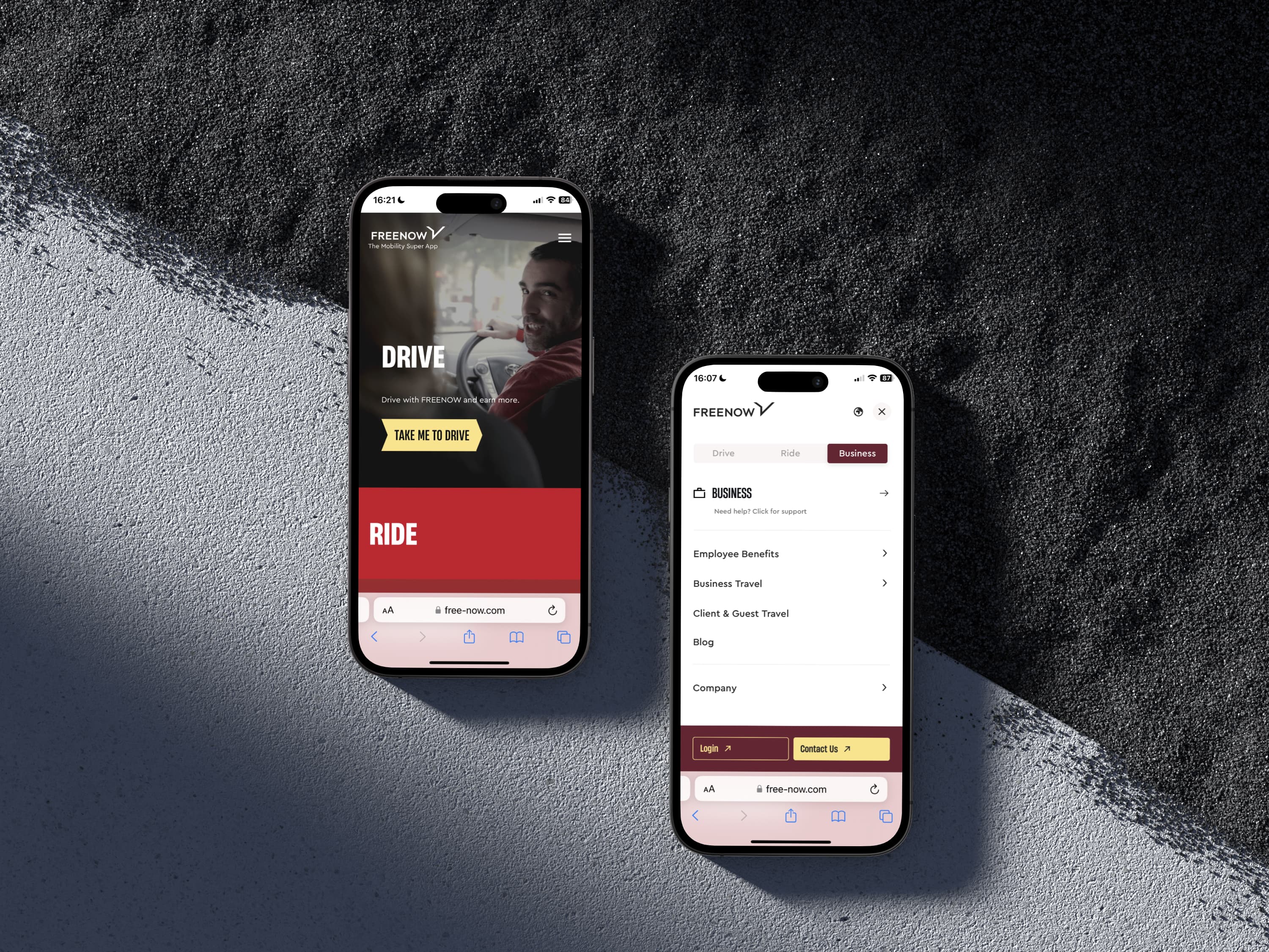 &why: Freenow - Smartphones zeigen das Intro der Website und die Navigation